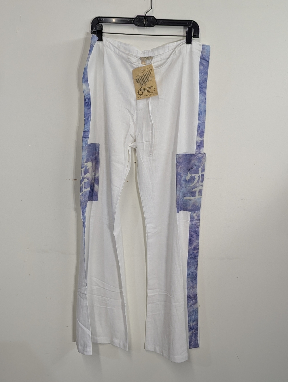 White Yoga Pants with Blue Tie-Dye Side Panels Asian Flare Bottom L